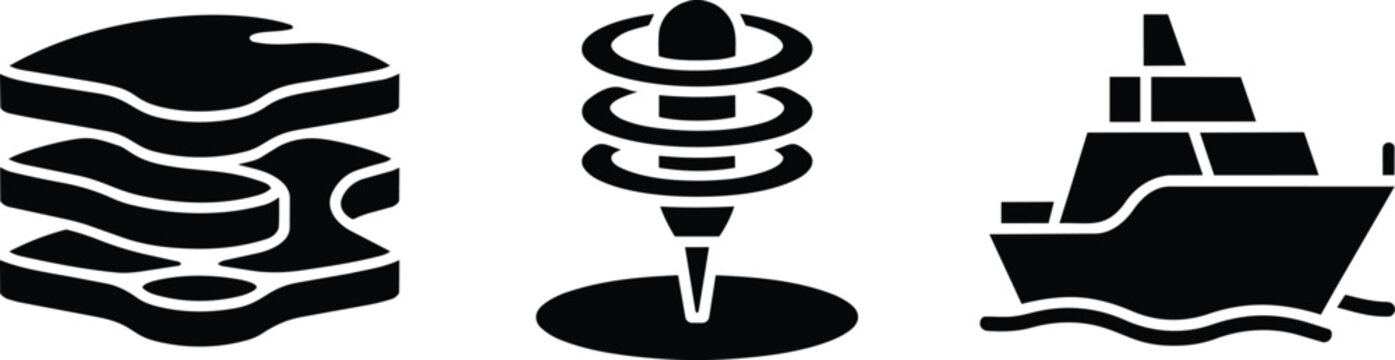 Geotechnical engineering icons representing ground strata layers, core drilling, and research ship