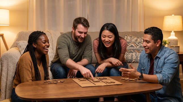 Diverse Friends Board Game Night Living Room Social Gathering