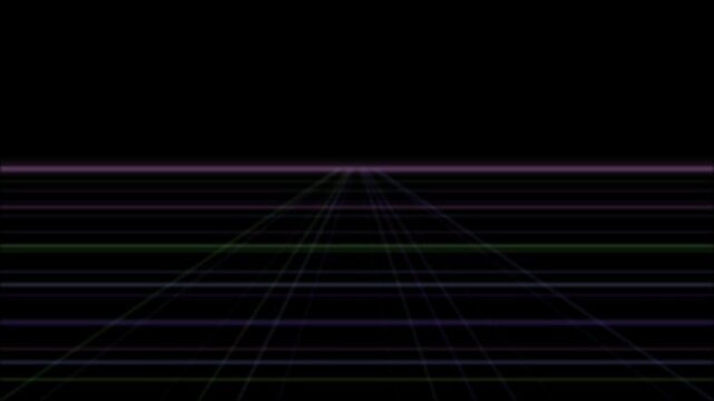 Looping retro grid perspective with glowing horizontal lines fading into darkness