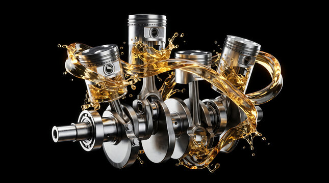 Engine pistons and crankshaft with splashing motor oil isolated on black background