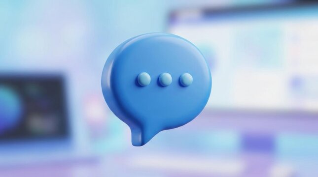 3D blue speech bubble icon on blurred background.