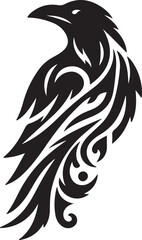 Fototapeta premium Stylized black‑and‑white tribal illustration of a raven in profile — symbolizing mystery, wisdom, and transformation through flowing ornamental patterns and bold contrast