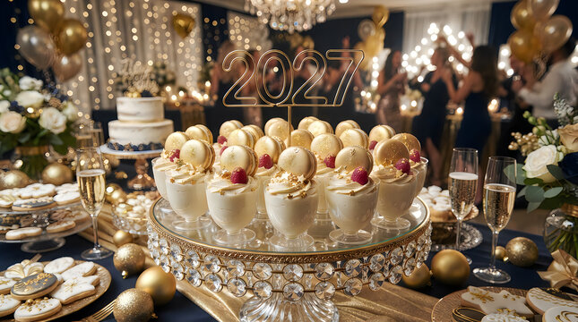 Elegant party table setup with a 2027 cake topper and delicious desserts for a new year celebration