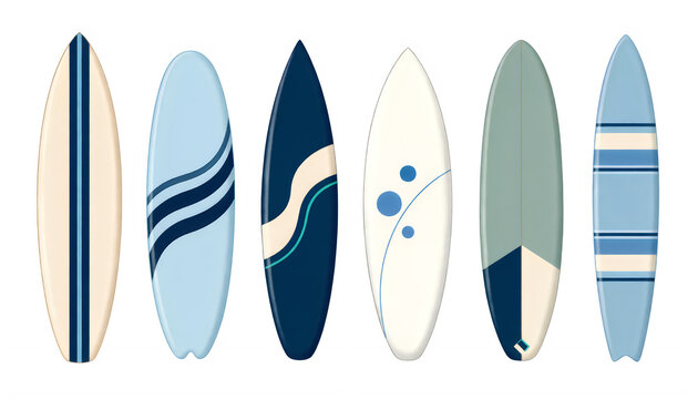 Set of six colorful surfboards standing upright on beach sand isolated on transparent background