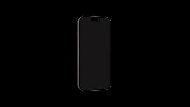 Tilted mobile phone model hovers slowly over black dark void. Blank smartphone screen allows effortless placement of app designs. Futuristic gadget render shows realistic metallic frame.