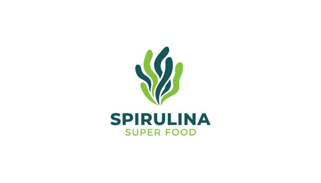 Spirulina super food logo design with organic green plant-like shapes and clean typography for health and nutrition products.