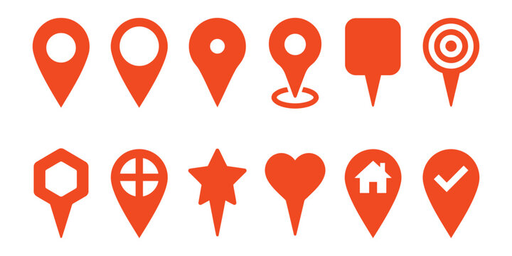 Set of orange map pointer icons, location markers and navigation pins for web design, mobile apps, and digital maps