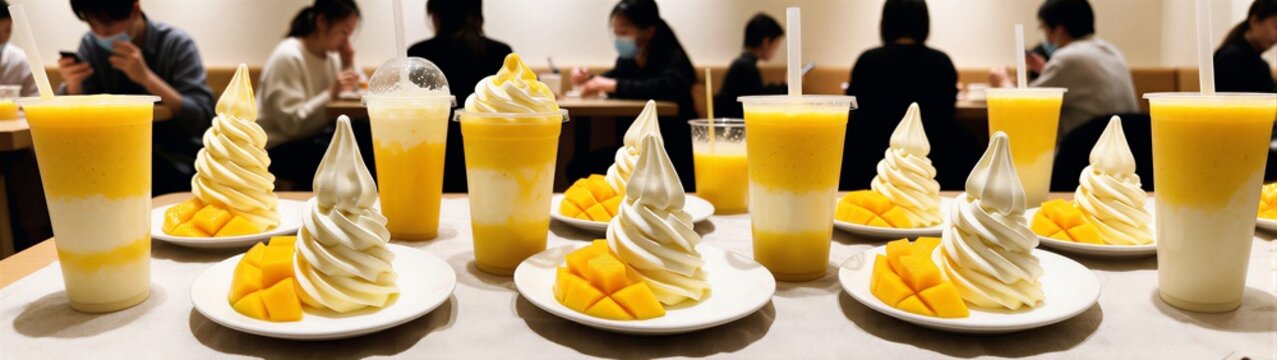 Mango soft serve desserts arranged on indoor cafe counter