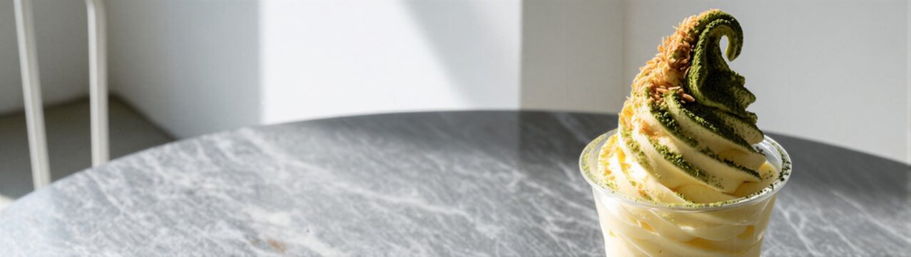 Matcha soft serve swirled in clear cup on marble table by window