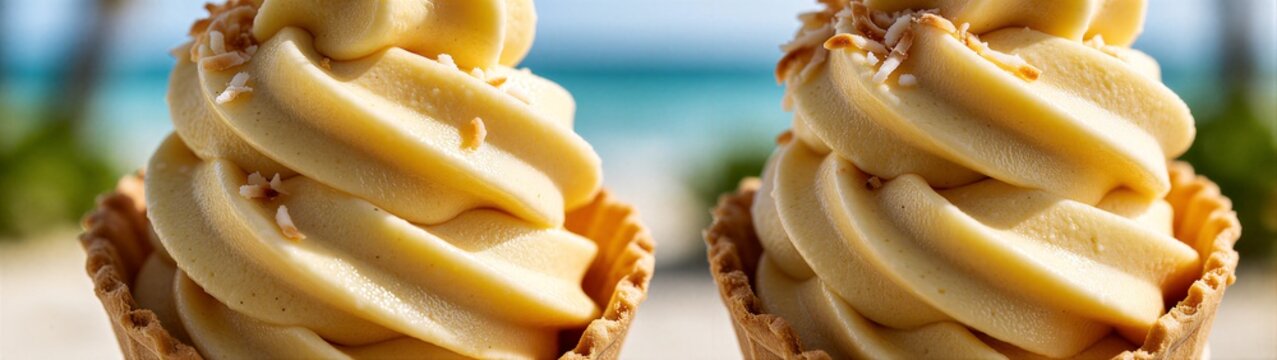 Soft serve ice cream cones swirled in waffle cups on sandy beach