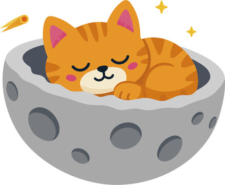 Cute ginger cat sleeping peacefully inside a moon crater or on a gray planet