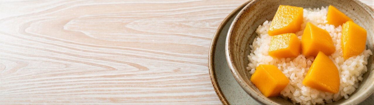 Bowl of rice topped with mango cubes on wooden surface