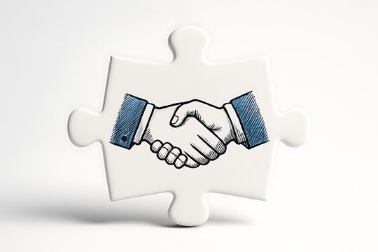 Puzzle piece with handshake drawing representing partnership collaboration teamwork business deal agreement success support and cooperation relationship strategy unity trust growth.