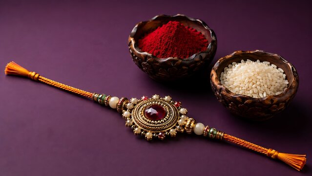 Traditional rakhi thread with kumkum powder and rice grains in wooden bowls on purple background for celebrating raksha bandhan festival symbol of sibling bond
