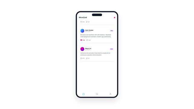 Microblog Feed Glass Style App UI Mockup Scroll Animation 4K