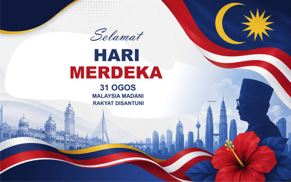 Malaysia Merdeka 69th Independence Day design featuring the national flag, city skyline, hibiscus, and patriotic waves for August 31 celebration.