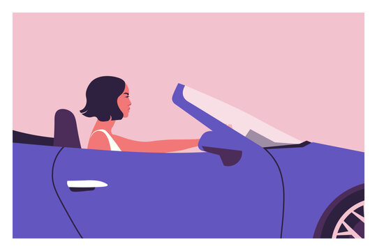 Young woman with short dark hair driving a purple convertible car in profile view, close-up crop. Flat vector illustration representing independence, road trips and modern lifestyle