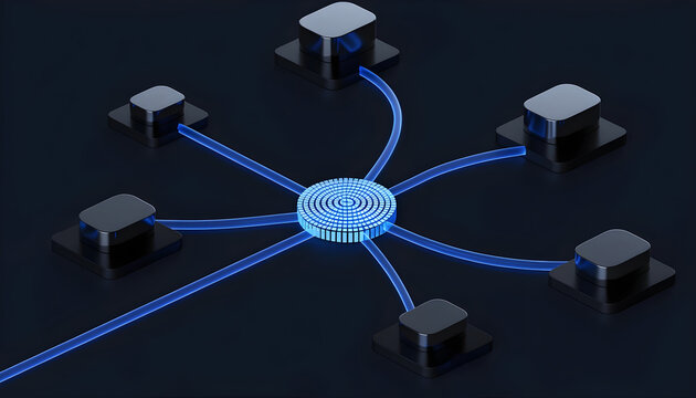 Centralized Fiber Optic Data Hub Connecting Multiple Hardware Server Node Devices in Dark Studio