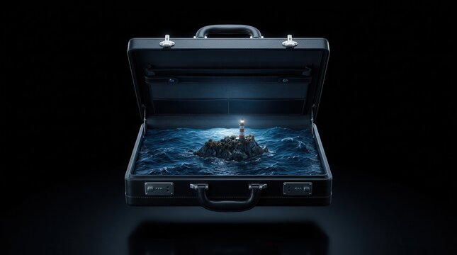 Open leather briefcase containing a glowing miniature island in dark ocean water
