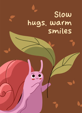 Design of kawaii greeting card with cute snail. Postcard with funny slug admiring leaf. Template with happy little character with shell house. Layout with baby gastropod. Flat vector illustration