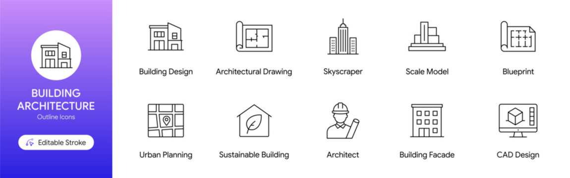 Building Architecture Editable Outline Icon Set