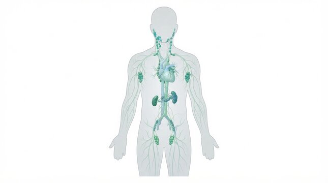 Representation of the lymphatic system detailing the lymph nodes and vessels involved in immune drainage within the human body