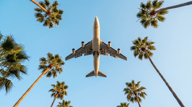 Commercial airplane flying over tropical palm trees against a clear blue sky during a sunny day