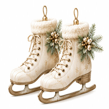 Vintage Ivory Christmas Ice Skates with Frosted Pine and Gold Berries Isolated on White Background
