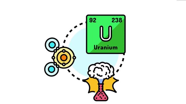 Atomic study concept uranium element with orbiting electrons and a chemical flask showing an explosive reaction, connecting nuclear physics with scientific exploration