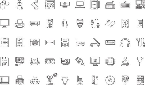 Set of computer hardware, cables, connectors, electronic components and office setup thin line vector icons