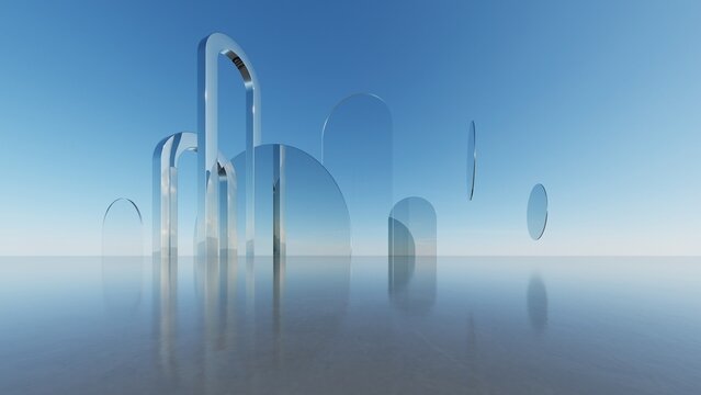 Abstract architecture background, Mirrored glass arch sculptures with floating discs on reflective water, Scene for car presentation, Modern Exterior, 3D rendering
