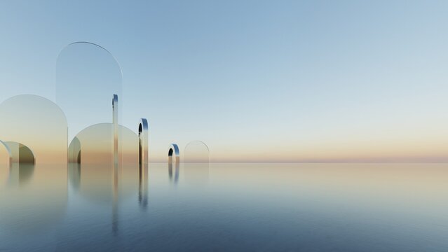 Abstract architecture background, Mirrored glass arch sculptures receding into horizon at sunset, Scene for car presentation, Modern Exterior, 3D rendering
