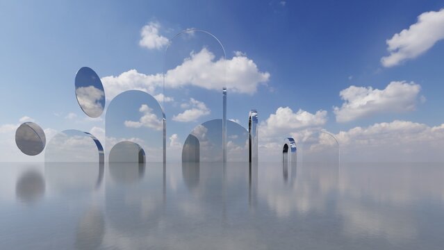 Abstract architecture background, Mirrored glass arch sculptures with floating discs under cloudy sky, Scene for car presentation, Modern Exterior, 3D rendering