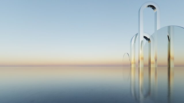 Abstract architecture background, Mirrored glass arch sculptures in minimal composition at sunset, Scene for car presentation, Modern Exterior, 3D rendering