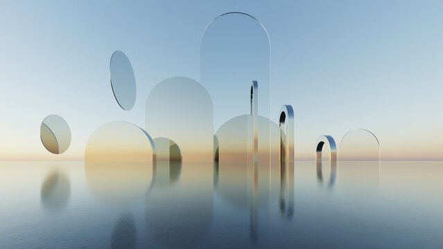 Abstract architecture background, Mirrored glass arch sculptures with floating discs at sunset, Scene for car presentation, Modern Exterior, 3D rendering