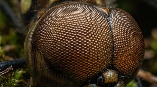 Extreme macro close-up of a dragonfly compound eye showing intricate hexagonal patterns