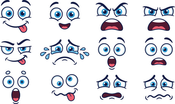 Cartoon Comic Face Expression Vector Set with Happy Angry Surprised and Crying Emotion Icons