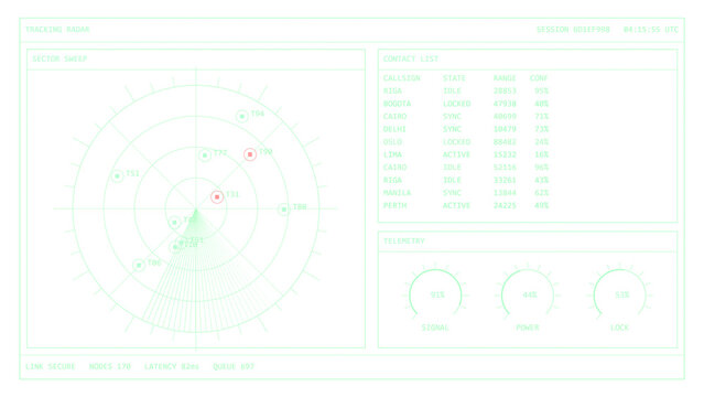 Cyber security command centre screen, radar tracking display in phosphor green data interface, futuristic system dashboard on transparent background