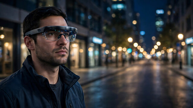 Future technology wearable smart glasses on man in urban night setting