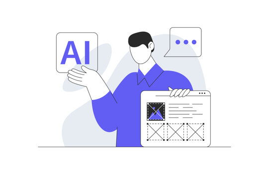 Artificial Intelligence Web Layout Generation and Automated UI Design. Male Specialist Presenting AI Generated Wireframe Template with Message Bubble. Flat Cartoon Vector Illustration, icon Stylish 