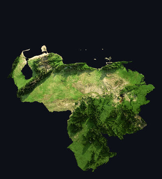 Venezuela Shaded Relief Map. Hillshaded physical terrain map illustration. Venezuela elevation, topography, and landforms.