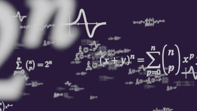 Maths animated overlay. Complicated calculations, hard to understand concept symbol. Dark purple background messy formulas in high resolution for overlay. Maths effect, mathematics