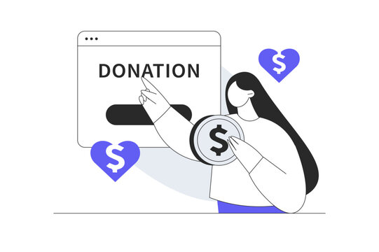Online Donation Platform and Charity Helping Organization. Female Specialist Pointing at Donation Button and Holding Coin with Money Hearts. Flat Cartoon Vector Illustration, icon Stylish abstract web