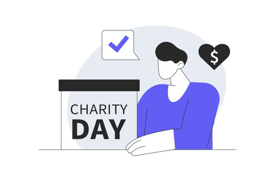 Social Charity Day Event and Volunteer Activity Support. Male Specialist with Charity Box Approved Check Mark and Money Heart Icon. Flat Cartoon Vector Illustration icon Stylish abstract design landig