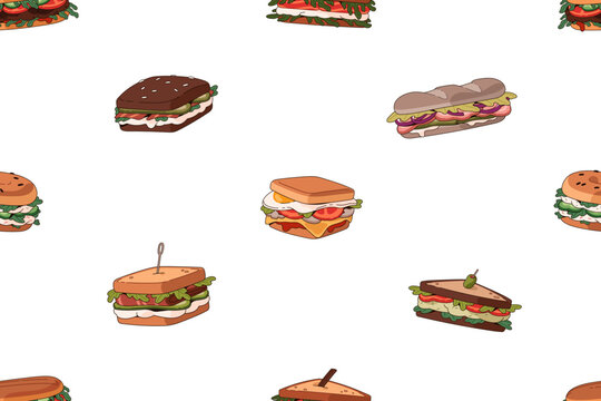 Endless background of different tasty fast food and sandwiches. Repeatable pattern of various burgers with toast bread, baguette and bagels in fastfood restaurant. Flat seamless vector illustration
