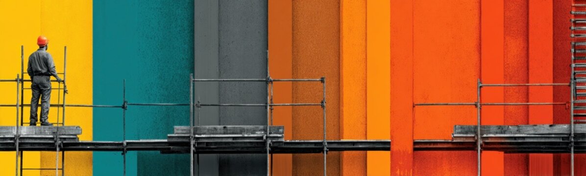 Man standing on a scaffolding platform in front of a colorful wall banner copy space
