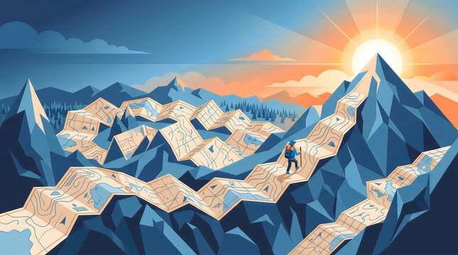 Mountain path made of unfolding map pages journey concept isometric illustration