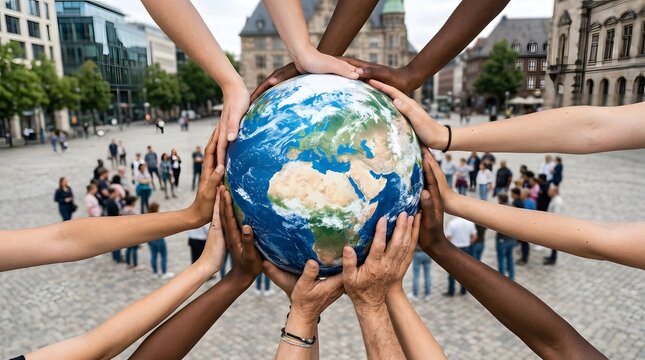 Diverse Hands Holding Earth Globe Together for Global Unity