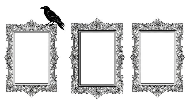 Gothic vintage picture frames with black raven, ornate baroque border vector set, spooky halloween mirror frame elements isolated on White Background Halloween