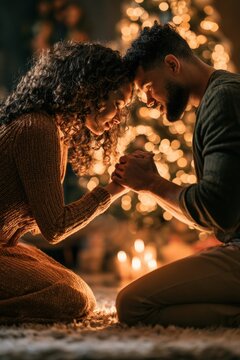 Couple Praying Together Beside Glowing Christmas Tree